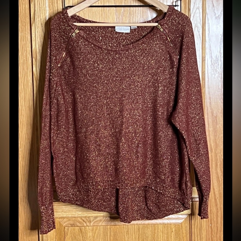 Bisou Bisou Long-Sleeve Light Sweater Womens XL Dark Red Gold Festive Classic